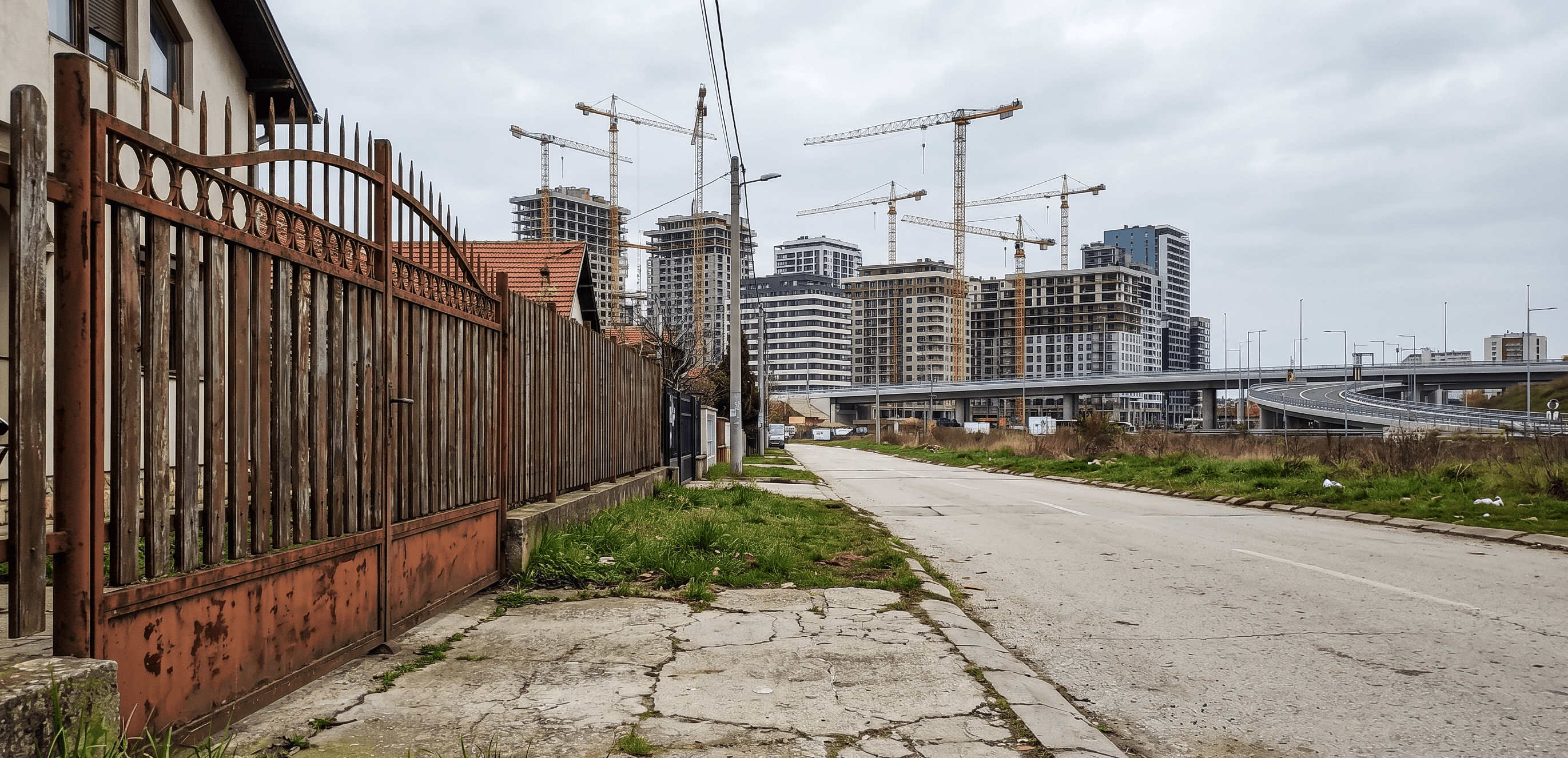 Traffic and residential streets in Ledine and Surčin near the major Belgrade EXPO 2027 construction zone