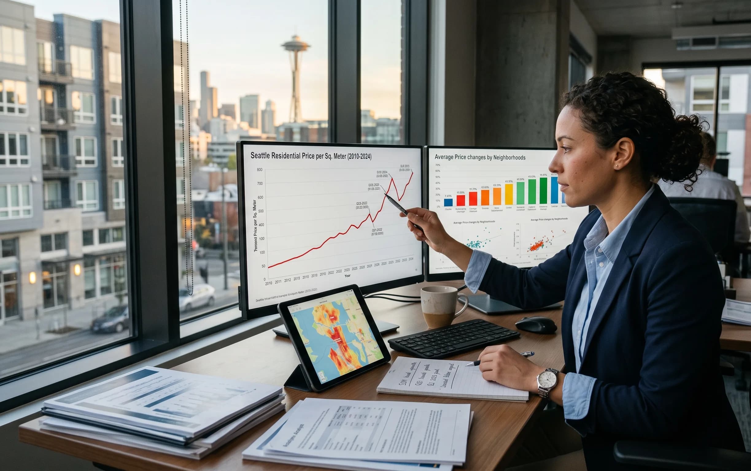 A real estate analyst reviewing property charts illustrating changes in the price of a square meter.