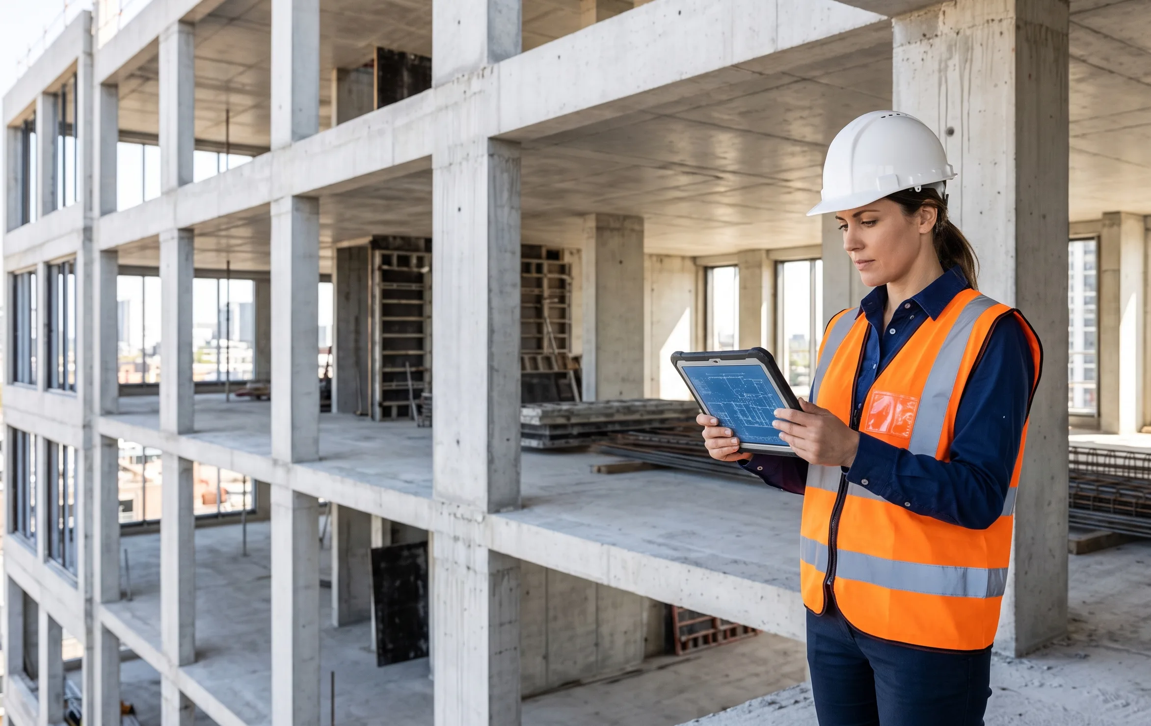 Construction engineer looks at a floor plan to decide weather the safe construction has all quality markers